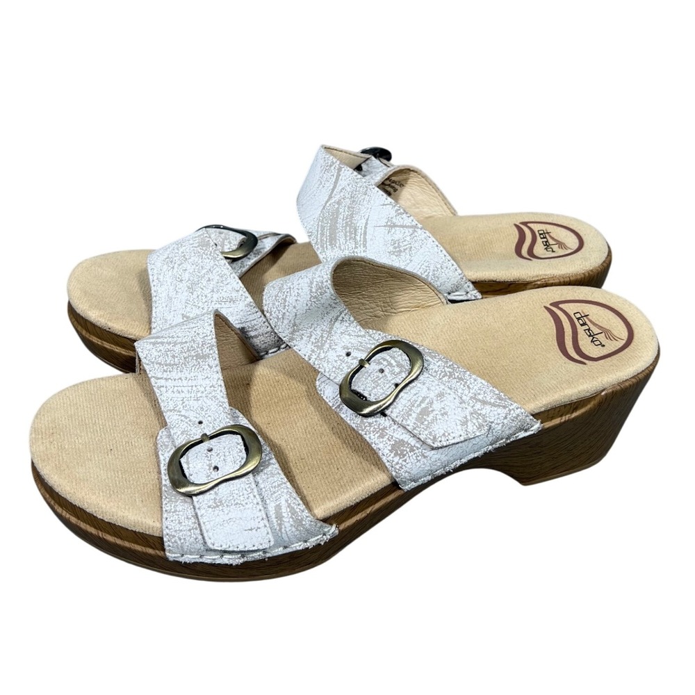 Dansko Sophie White Distressed Leather Comfort Wedge Sandals Slides EU 39 US 8